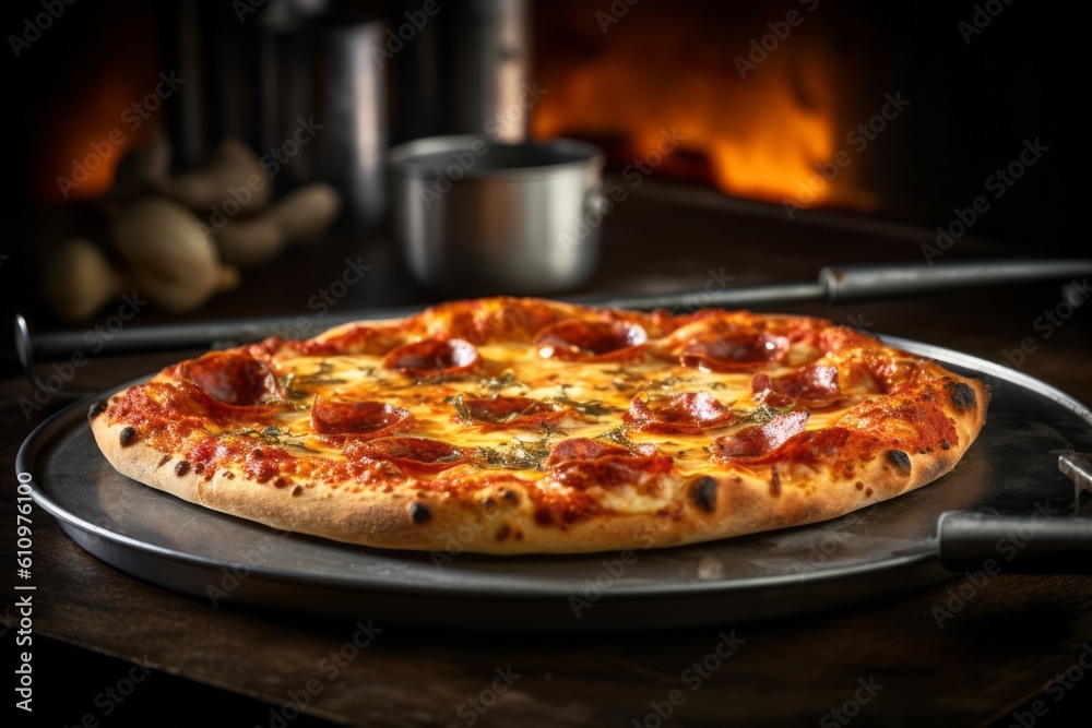 Macro view photography of a tempting pizza on a metal tray against an aged metal background. With generative AI technology