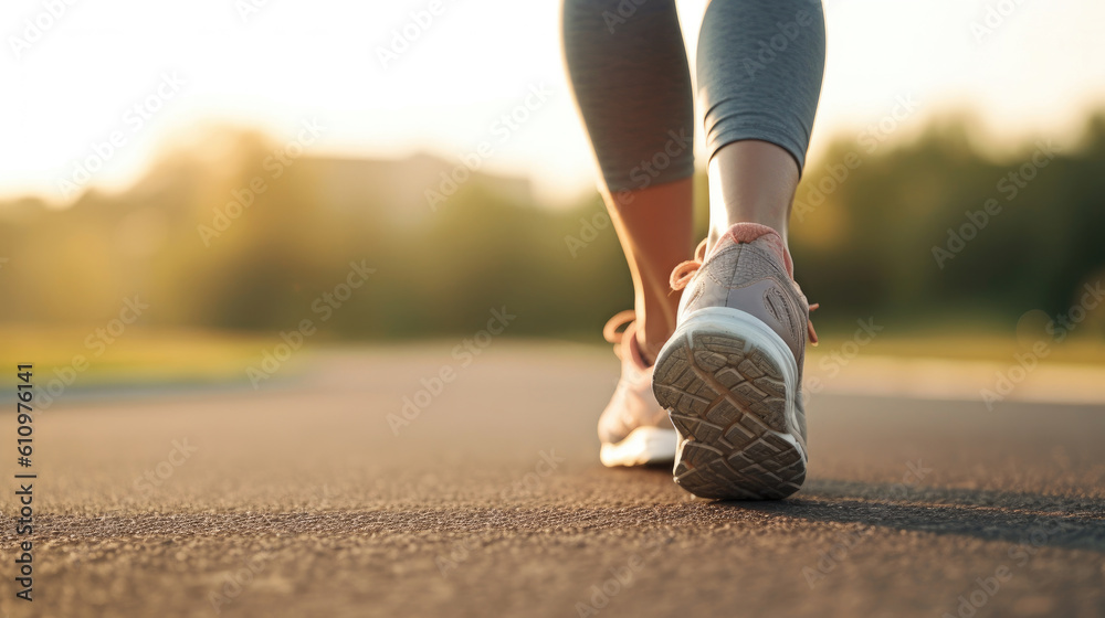 A womans legs walking on a road close up a running track. A womans legs walking on a road close up a running track.