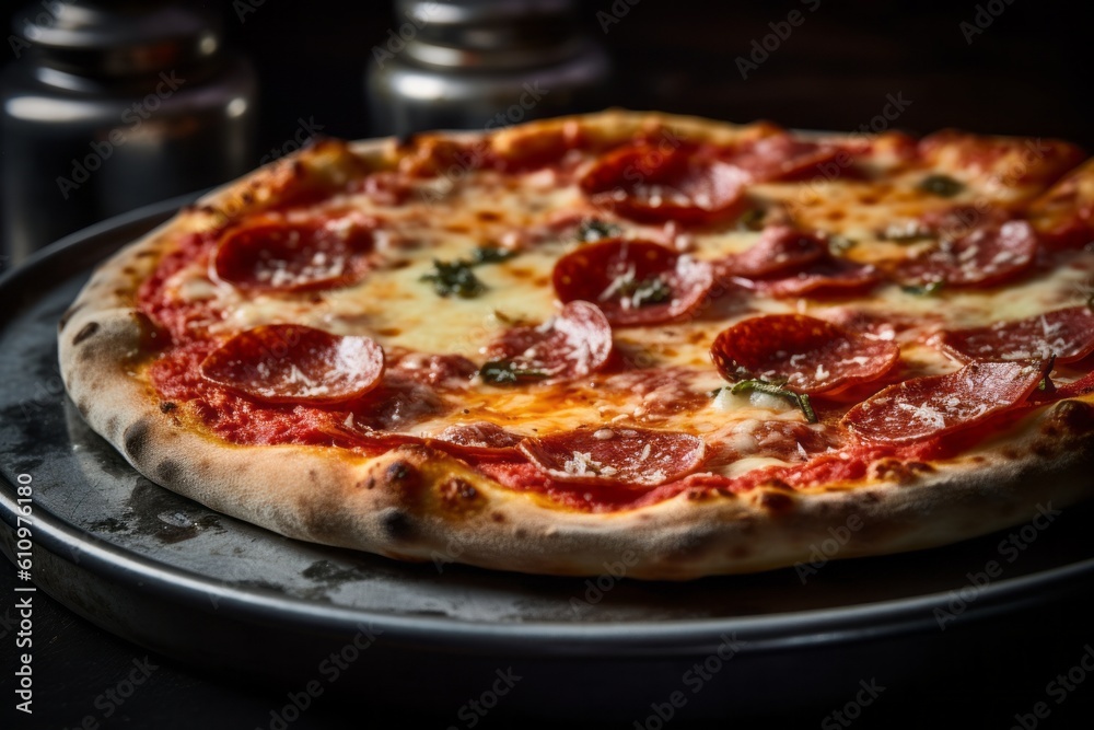 Highly detailed close-up photography of an exquisite pizza on a porcelain platter against an aged metal background. With generative AI technology