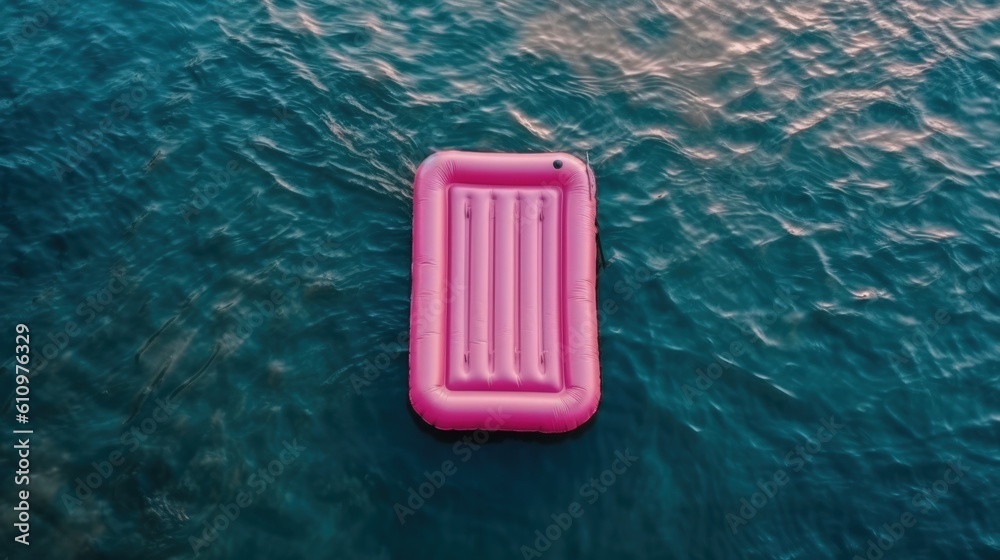 Floating inflatable pink mattress in the sea, top view. Summer vacation by the sea. Generative AI Floating inflatable pink mattress in the sea, top view. Summer vacation by the sea. Generative AI