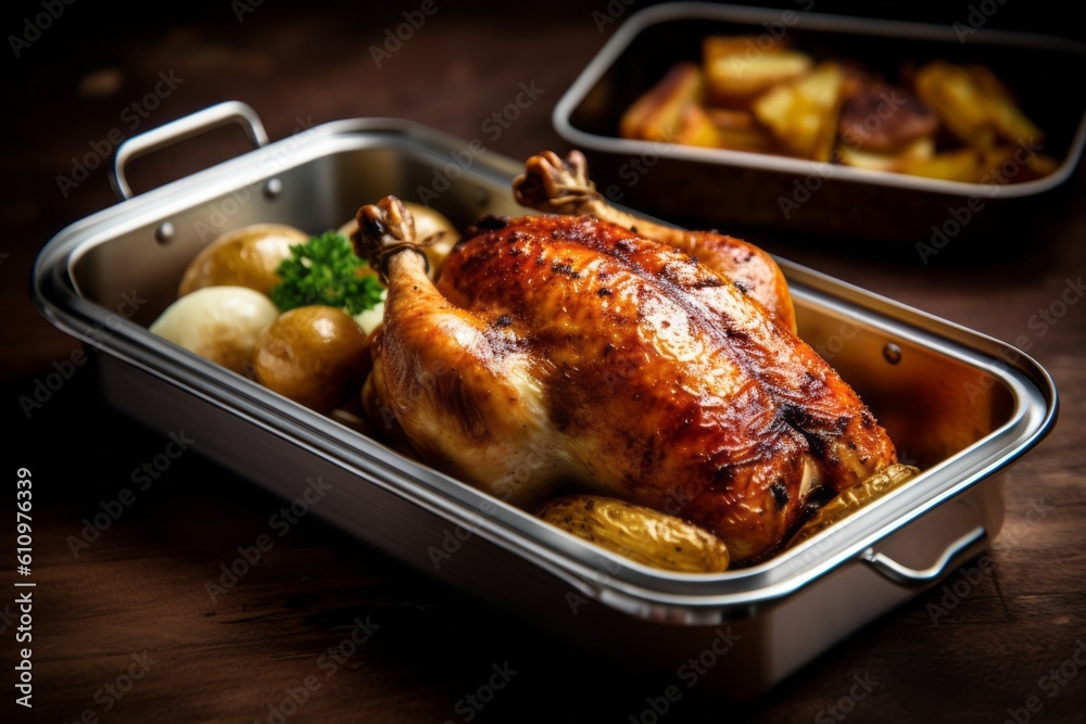 Detailed close-up photography of a tempting roast chicken in a bento box against an aged metal background. With generative AI technology Detailed close-up photography of a tempting roast chicken in a bento box against an aged metal background. With generative AI technology