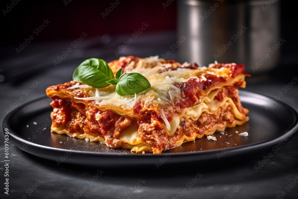 Highly detailed close-up photography of a tempting lasagna on a marble slab against an aged metal background. With generative AI technology Highly detailed close-up photography of a tempting lasagna on a marble slab against an aged metal background. With generative AI technology