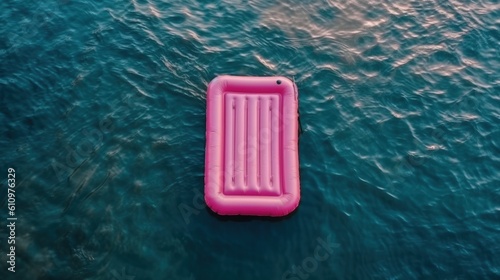 Floating inflatable pink mattress in the sea, top view. Summer vacation by the sea. Generative AI ©  AKA-RA