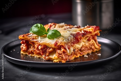 Highly detailed close-up photography of a tempting lasagna on a marble slab against an aged metal background. With generative AI technology