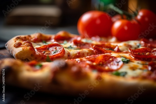 Macro detail close-up photography of a tempting pizza on a marble slab against a sandstone background. With generative AI technology