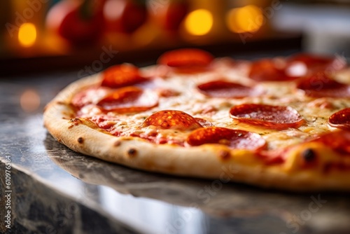 Macro detail close-up photography of a tempting pizza on a marble slab against a sandstone background. With generative AI technology