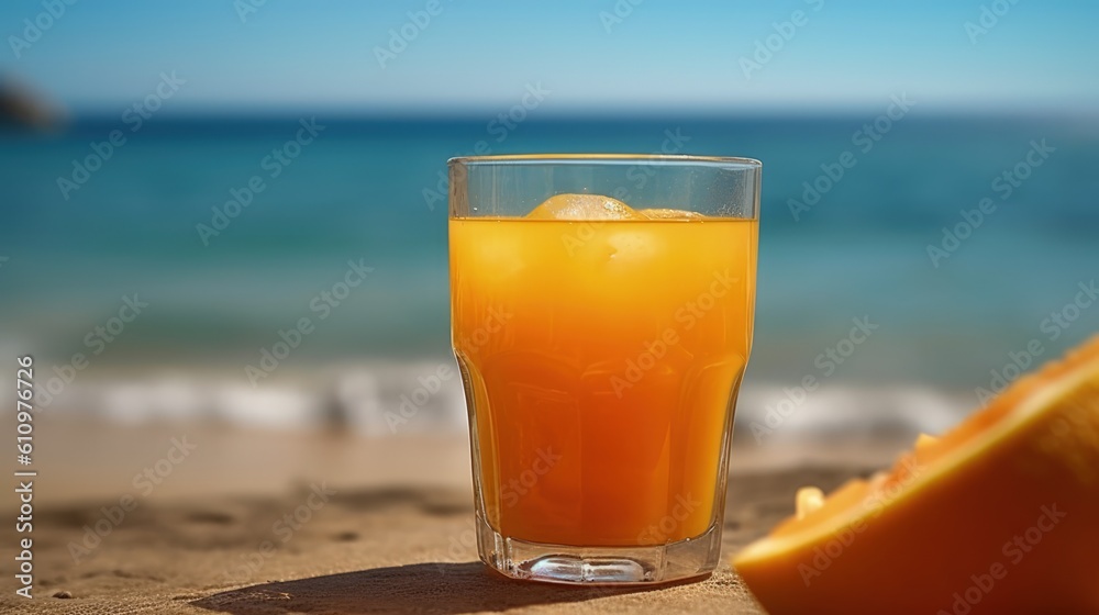 Summer tropical beach background with fresh juice cocktail. Exotic summer drinks , blur sandy beach on background. Generative AI Summer tropical beach background with fresh juice cocktail. Exotic summer drinks , blur sandy beach on background. Generative AI