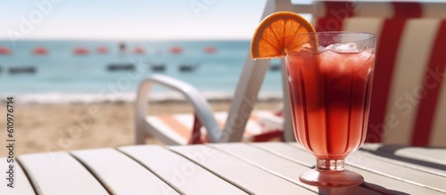 Summer refreshing drink on the table against the background of the beach and sun beds. Tropical beach background with a cocktail of freshly squeezed juice. Generative AI