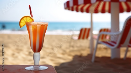 Summer refreshing drink on the table against the background of the beach and sun beds. Tropical beach background with a cocktail of freshly squeezed juice. Generative AI