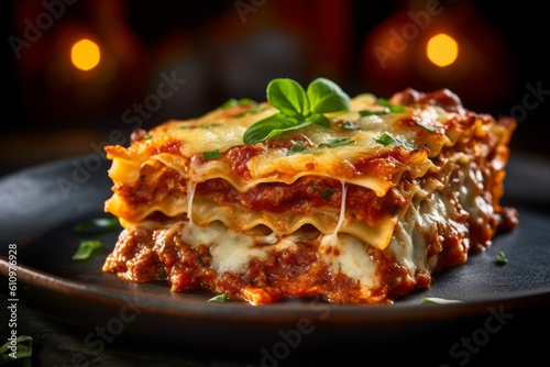 Highly detailed close-up photography of a tempting lasagna on a slate plate against a sandstone background. With generative AI technology