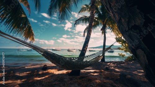Hammock between exotic palm trees. Sandy beach by the sea. Summer vacation and relaxation by the sea. Generative AI ©  AKA-RA