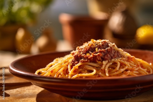 Close-up view photography of a tasty spaghetti in a clay dish against a sandstone background. With generative AI technology