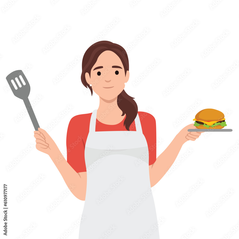 Fast food, burger house online service or platform. Chef cook tasty hamburger with cheese, tomato and beef. Online video tutorial. Flat vector illustration isolated on white background Fast food, burger house online service or platform. Chef cook tasty hamburger with cheese, tomato and beef. Online video tutorial. Flat vector illustration isolated on white background