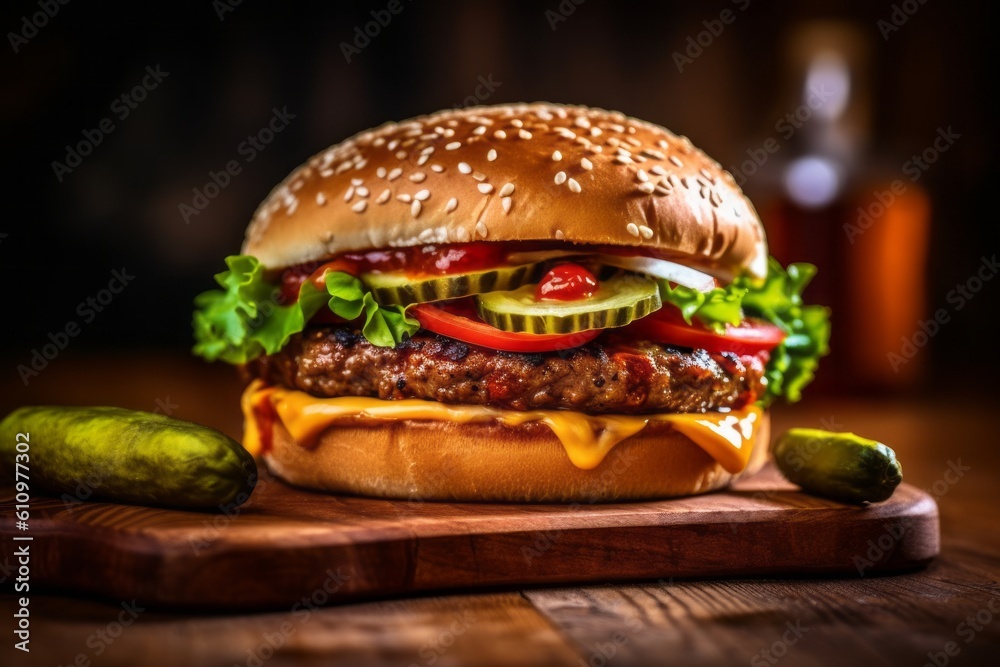 Close-up view photography of a tasty burguer on a wooden board against a natural brick background. With generative AI technology Close-up view photography of a tasty burguer on a wooden board against a natural brick background. With generative AI technology