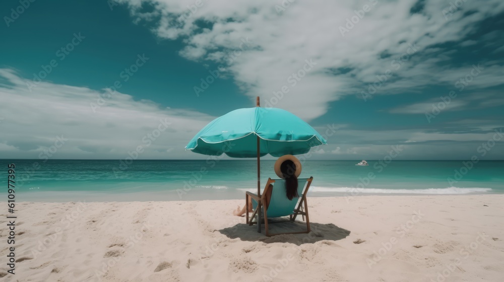 A woman is sitting on a sunbed under a beach umbrella on the seashore on white sand. Summer vacation by the sea. Generative AI