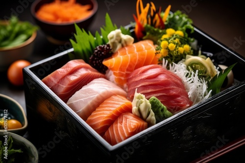 Highly detailed close-up photography of a juicy sashimi in a bento box against a sandstone background. With generative AI technology