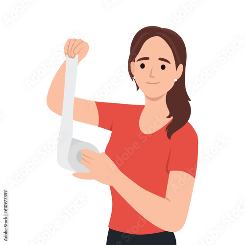 Young woman holding toilet paper roll. Flat vector illustration isolated on white background