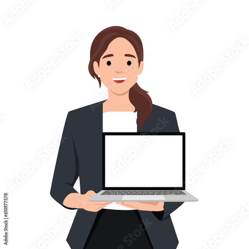 Young businesswoman showing new laptop . Person holding wireless digital computer. Female character design illustration. Flat vector illustration isolated on white background