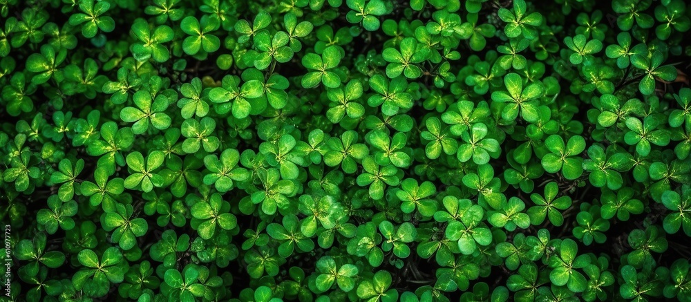 Horizontal background of clover leaves. Generative AI is an illutration. Green natural panoramic background. Horizontal background of clover leaves. Generative AI is an illutration. Green natural panoramic background.