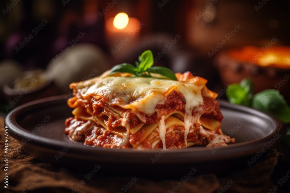 Macro view photography of a juicy lasagna on a rustic plate against a natural brick background. With generative AI technology - obrazy, fototapety, plakaty 