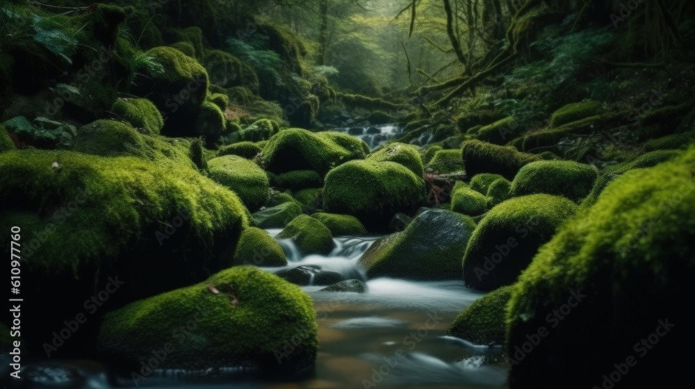 A small river flows among the greenery. Beautiful landscape. Generative AI