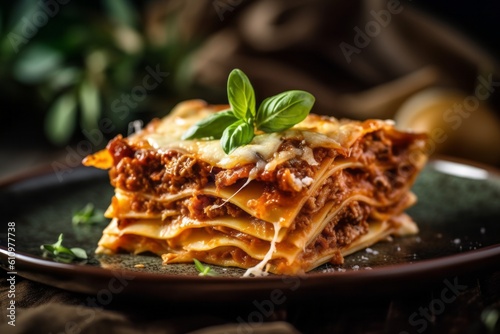 Macro view photography of a juicy lasagna on a rustic plate against a natural brick background. With generative AI technology