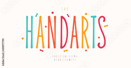 Thin handwritten alphabet, bright colorful letters, light children typography, childhood typographic design. Vector typeset