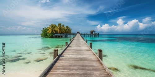 Villas on the water  a wooden pier over the azure sea leads to palm trees and villas. Summer vacation  a beach resort on a tropical paradise island. Luxurious tourist landscape. Generative AI