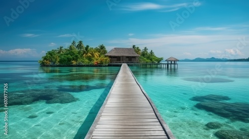 Villas on the water, a wooden pier over the azure sea leads to palm trees and villas. Summer vacation, a beach resort on a tropical paradise island. Luxurious tourist landscape. Generative AI