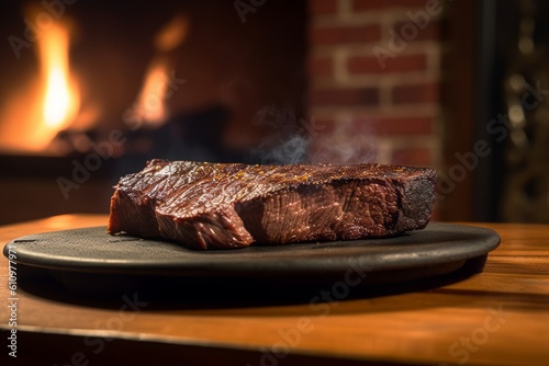 Macro view photography of a juicy argentine asado on a porcelain platter against a natural brick background. With generative AI technology