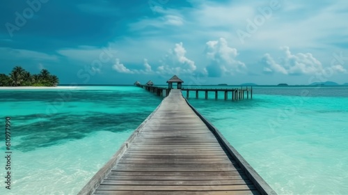 Summer vacation  a beach resort on a tropical paradise island. Villas on the water  a wooden pier over the azure sea leads to the villas. A luxurious tourist landscape. Generative AI