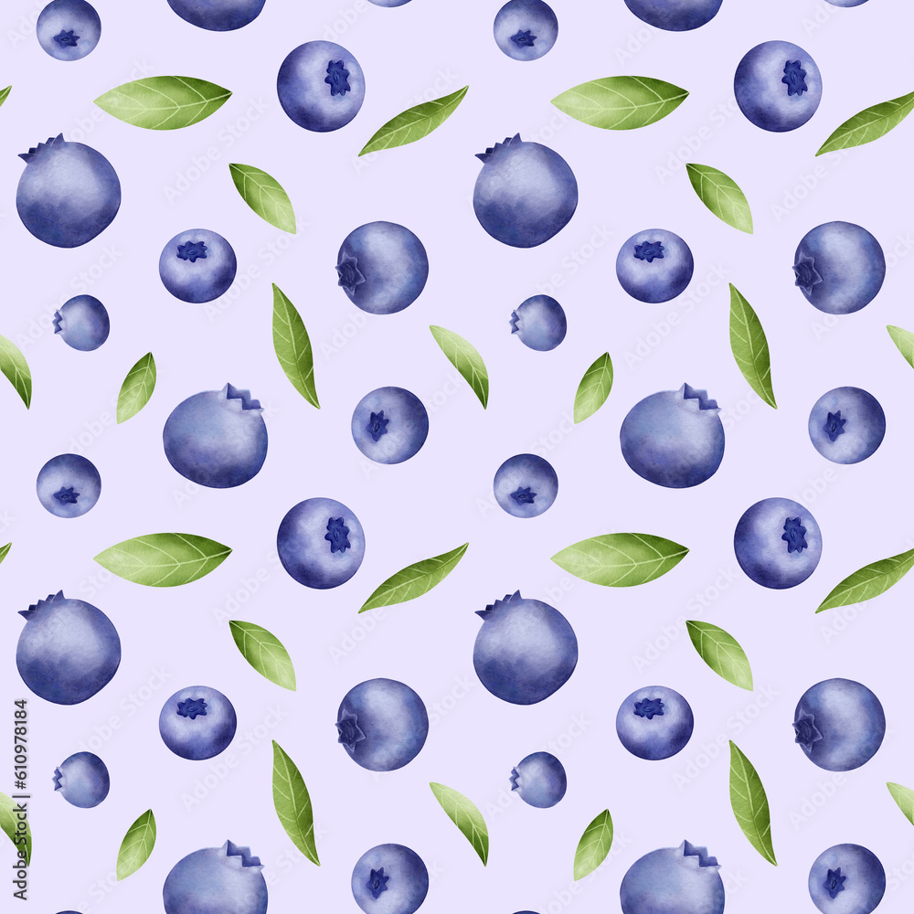 Blueberry seamless pattern with a violet backdrop. Digital watercolor design for fabric, print