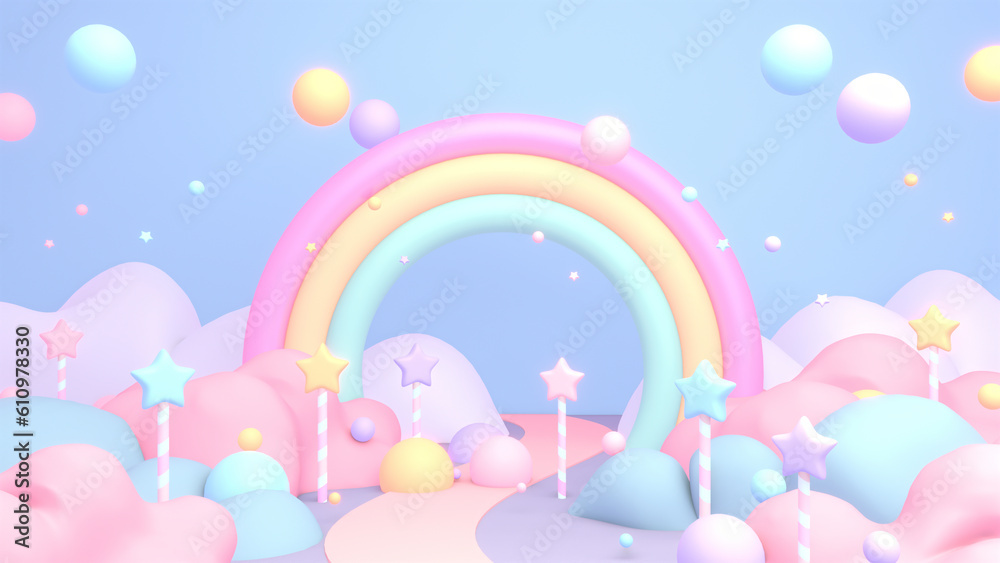 3d rendered cartoon rainbow world with star candy sticks. 3d rendered cartoon rainbow world with star candy sticks.