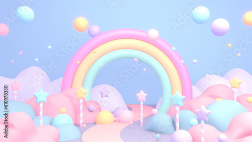 3d rendered cartoon rainbow world with star candy sticks.