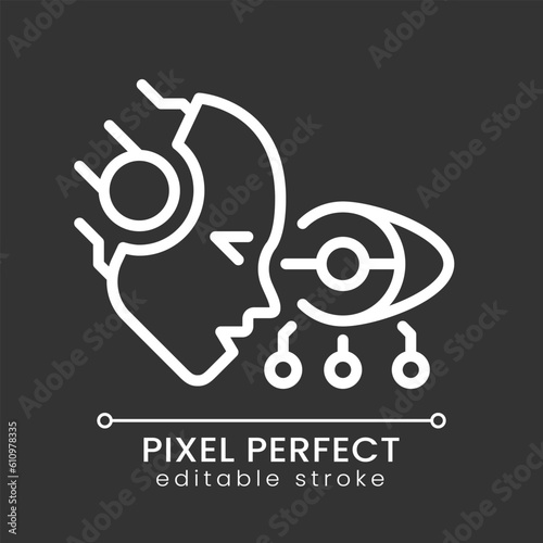 AI see pixel perfect white linear icon for dark theme. Machine vision. Artificial intelligence. Images recognition. Thin line illustration. Isolated symbol for night mode. Editable stroke © bsd studio