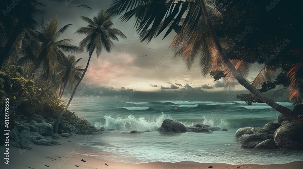 Fototapeta premium Exotic palm trees on the beach with sand. Raging weather on the beach. Summer vacation by the sea. Generative AI