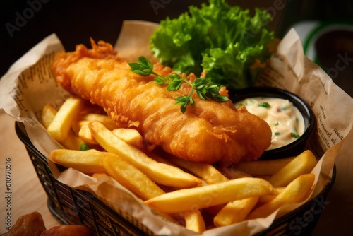 Detailed close-up photography of a delicious fish and chips in a clay dish against a rice paper background. With generative AI technology