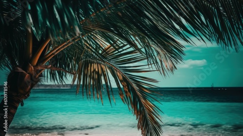 Exotic palm tree on the seashore. Tropical paradise, summer vacation by the sea. Generative AI