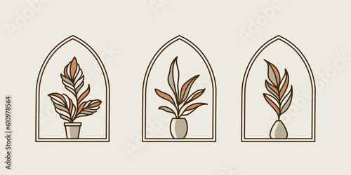 Boho Logos with vase and tropical Leaves in Modern Minimalist Line Style. Vector Bohemian Labels for Creating Postcard, Posters, Invitation, Social Media Posts and Stories