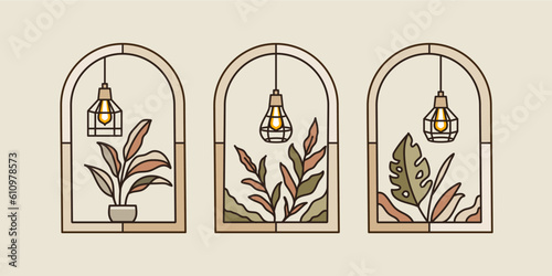 Boho Logos with tropical plant Leaves  on vase with pendant light lamp in Modern Minimalist Line Style. Vector Bohemian Labels for Creating Postcard, Posters, Invitation, Social Media Posts 