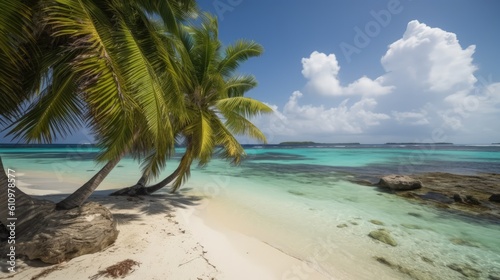 Tropical island beach shore with exotic palm trees  clear water of sea and white sand. Summer vacation. Generative AI