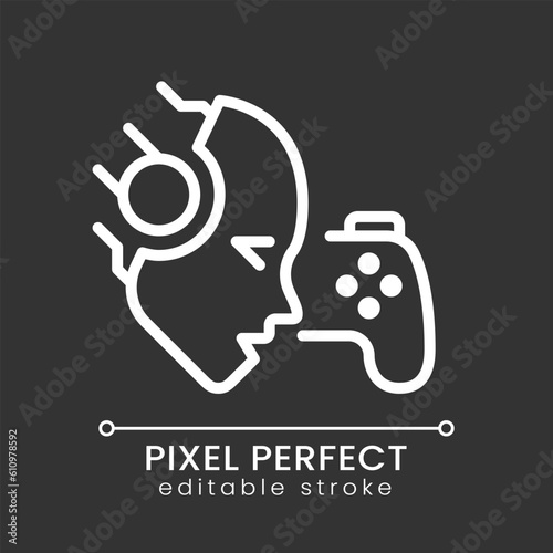 AI play games pixel perfect white linear icon for dark theme. Deep reinforcement learning. Artificial intelligence bot. Thin line illustration. Isolated symbol for night mode. Editable stroke