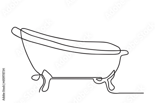 Continuous one line of bathtub in silhouette on a white background. Bathtub in continuous line art drawing style. Vector illustration