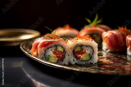 Macro detail close-up photography of a tempting sushi on a rustic plate against an aluminum foil background. With generative AI technology