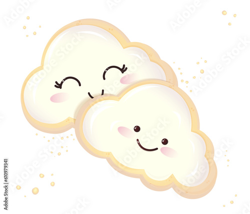 Cute baby cookies with painted clouds and crumbs on a white background