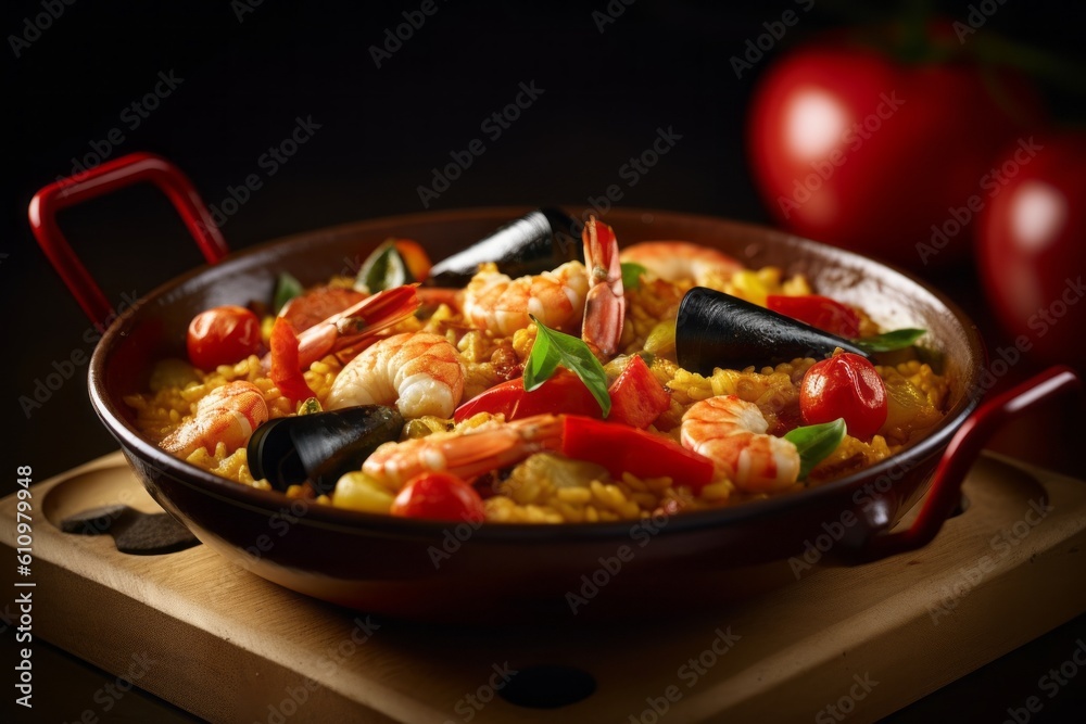 Macro detail close-up photography of a tempting paella in a bento box against a painted acrylic background. With generative AI technology
