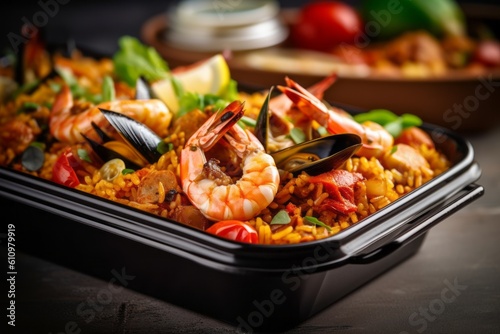 Macro detail close-up photography of a tempting paella in a bento box against a painted acrylic background. With generative AI technology