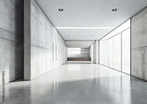 Minimalistic modern white interior with glossy concrete floor and large bright windows. Generative Ai