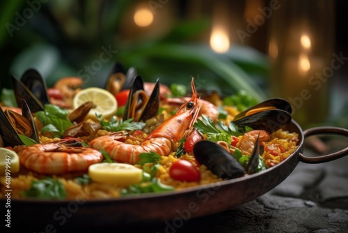 Detailed close-up photography of a tempting paella on a palm leaf plate against a painted acrylic background. With generative AI technology