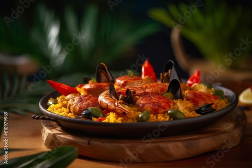 Detailed close-up photography of a tempting paella on a palm leaf plate against a painted acrylic background. With generative AI technology